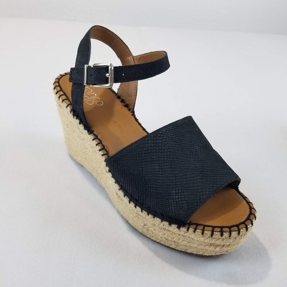 Franco Sarto Takara Sandals Womens Size 8.5 Black Leather Wedge Espadrille